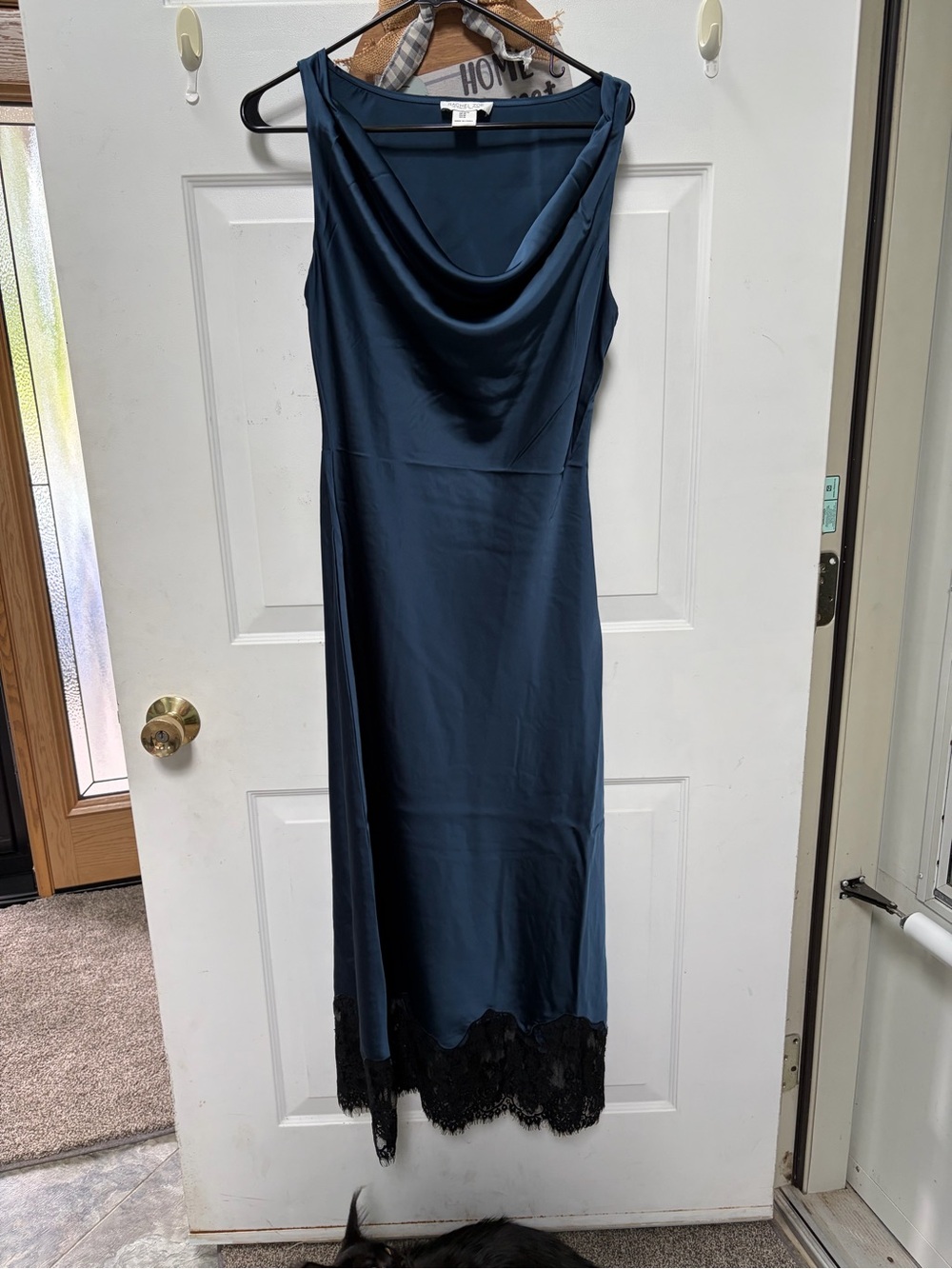 Rachel Zoe Navy Cowl Neck Midi Dress with Black Lace Hem